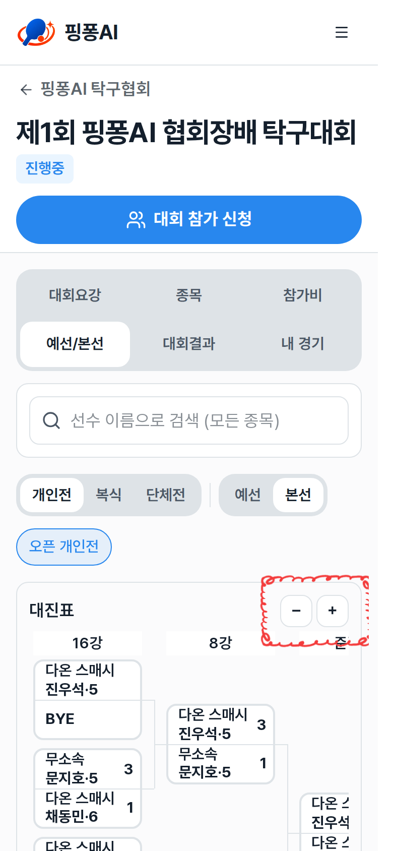 본선 대진표의 강·준결승·결승 줄과 확대·축소 버튼 강조